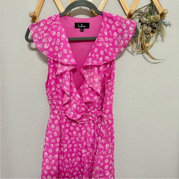 Lulu’s Pink Floral Cornelia Wrap Ruffled Midi Dress S - Picture 2 of 6